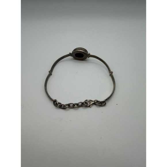 Vintage Sterling Silver Tiger's Eye Oval Cabochon Hinged Bangle Chain Bracelet - Picture 6 of 12